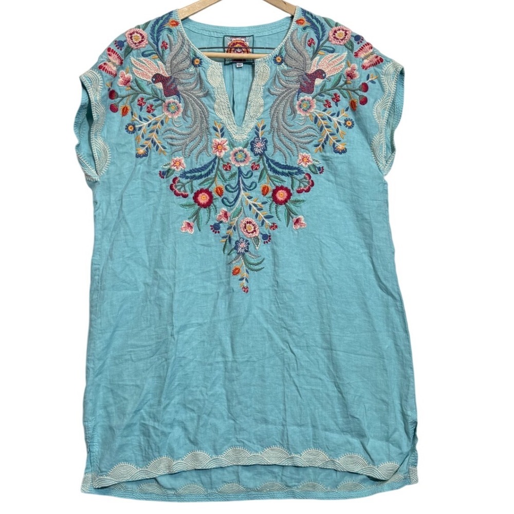 Johnny Was Embroidered Linen Tunic Top Dress Bird Floral Boho Turquoise Women XL